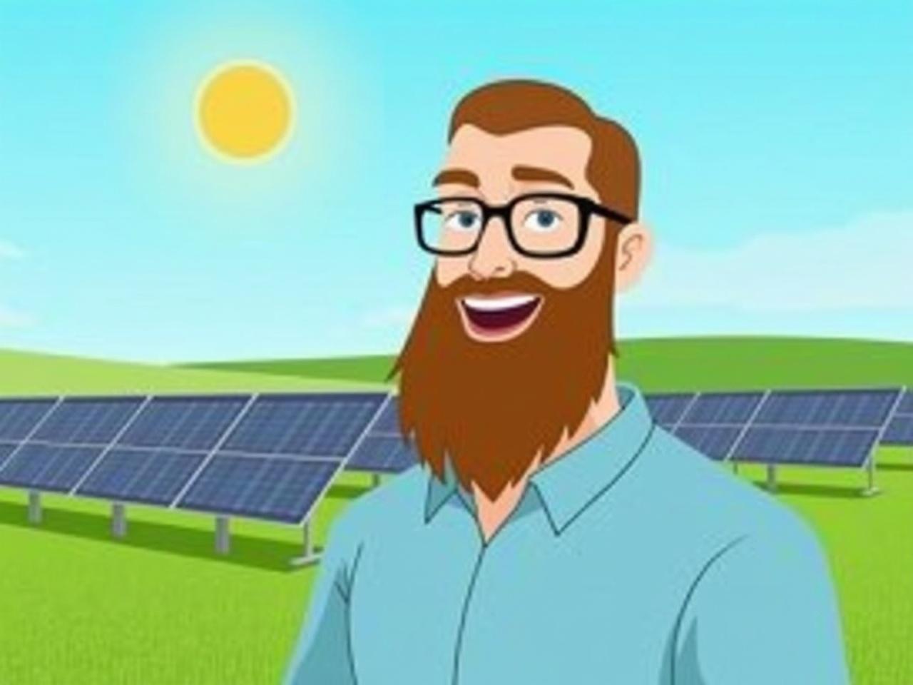 An animated portrait of a smiling man with a long beard, wearing a light blue shirt. He has glasses and is standing in front of a sunny solar farm with rows of solar panels in the background. The scene conveys a positive and eco-friendly atmosphere. The colors are vibrant, with green fields and a clear blue sky. The character appears engaged and happy, representing sustainability and innovation.