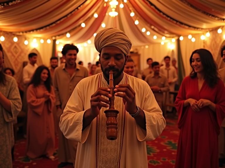 A lively celebration inside a Moroccan tent with intricate geometric patterns and warm lighting. A man in a djellaba plays the ghaita. Surrounding people are dancing joyously in kaftans. Traditional cushions add to the decor. The shot is wide-angle with a Dutch tilt.