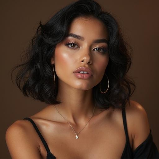 Close-up portrait of a woman with glamorous makeup and soft curls. She wears hoop earrings and a black top. The background is a warm, neutral color. The lighting enhances her features.