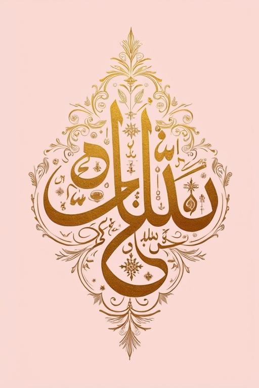 Intricate Arabic calligraphy design with golden ink on baby pink background. The design is symmetrical and elegant, evoking beauty and joy.