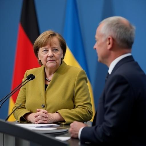 German Chancellor Angela Merkel and Ukrainian President Zelenskyy engage in a press conference. The setting includes flags of Germany and Ukraine. Both leaders visually express important political dialogue.
