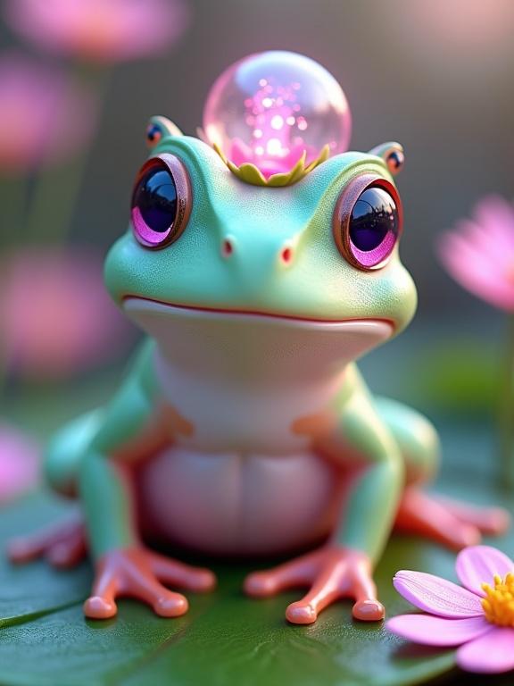 Highly stylized fantasy frog character on a green lily pad surrounded by pink flowers. Frog has mint green and pastel pink coloration with large purple eyes, smooth glossy texture, and a whimsical glass dome on its head containing a tiny plant. Soft magical lighting creates a dreamlike atmosphere.