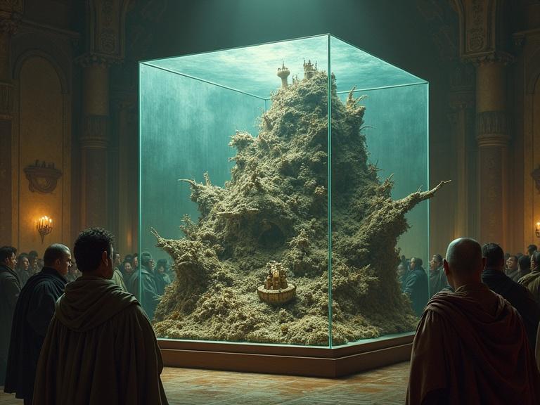Surreal artwork shows glass cube filled with a densely packed bizarre landscape. The cube is in a grand hall with onlookers including one dressed as a Roman soldier. The atmosphere evokes feelings of mystery and curiosity.