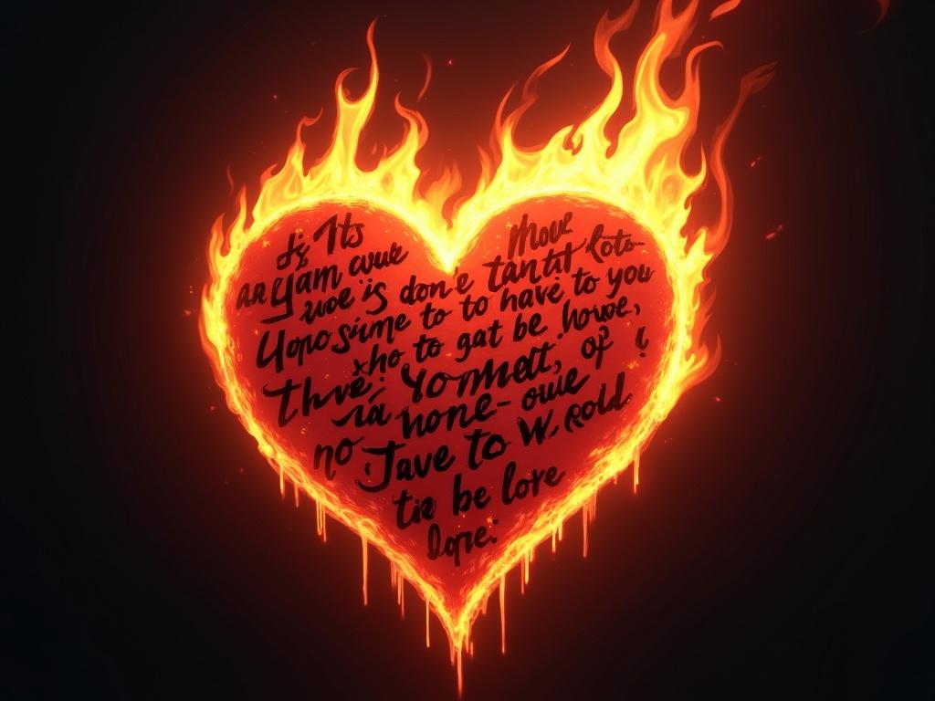 A stylized burning heart, depicted with intense and vivid flames in shades of red, orange, and yellow. This heart is an artistic, iconic representation rather than an anatomically accurate one, featuring bold lines and an expressive design. Tattooed inscriptions are intricately embedded on the heart’s surface—these existing texts remain unchanged and are clearly legible. The lettering could be in an elegant script or a bold, tattoo-inspired design, adding a personal touch. The background should be dark or slightly smoky to enhance the glow of the flames, making them stand out. The overall image conveys a sense of passion, strength, and deep emotion.