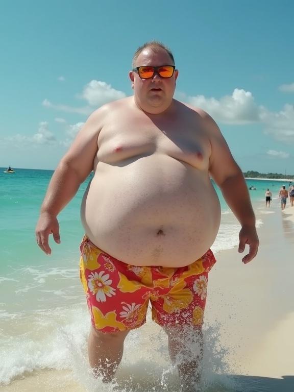 A man with a large build walks on a sunny beach. Bright blue ocean waves and a clear sky in the background. He wears colorful swim shorts and sunglasses while enjoying outdoors.