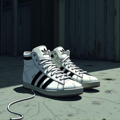 Anime-style digital art of worn Adidas high-top sneakers on a grungy concrete floor. Surrounded by harsh lighting. Evokes cyberpunk Tokyo aesthetic. Floor has grime and cracks. One lace trails out dramatically. High definition, detailed shading, and cinematic composition.