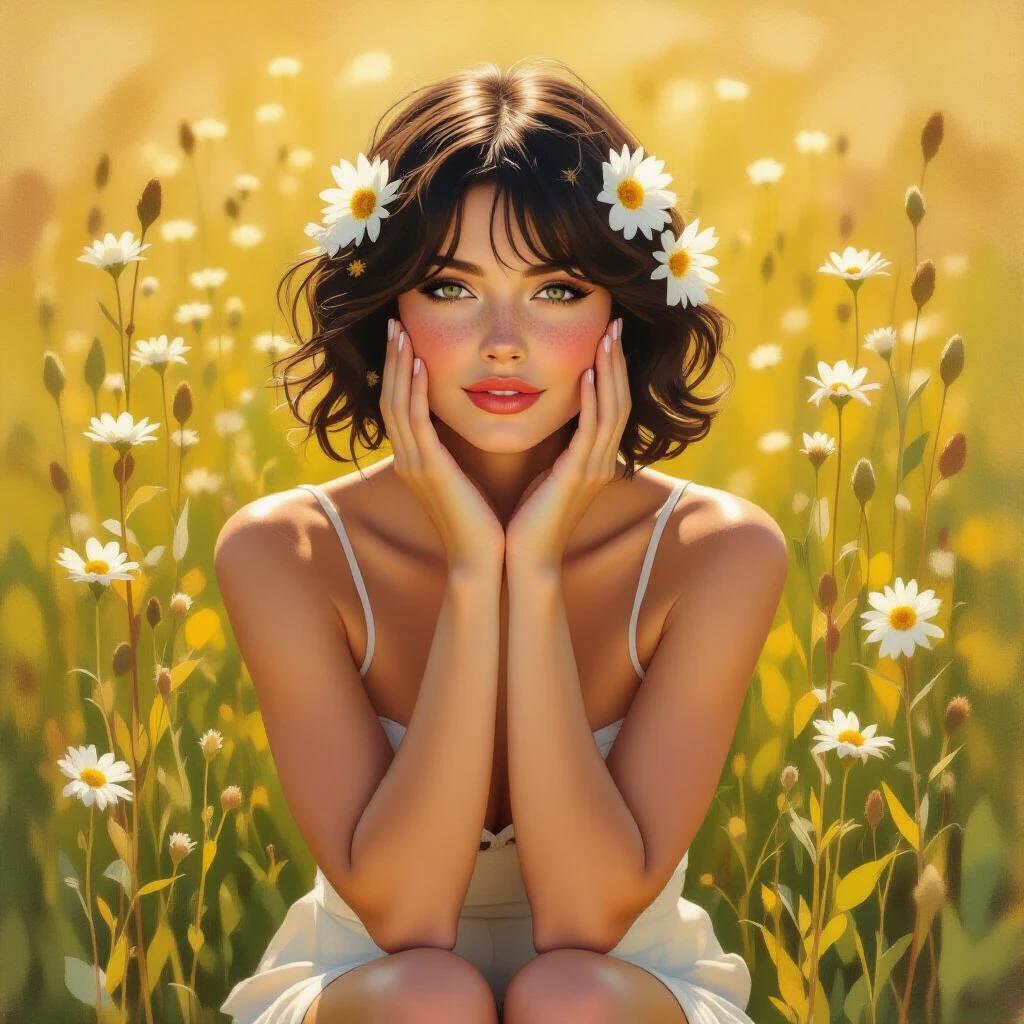 A mixed media impressionist portrait of a woman in a sunlit meadow. She has freckles and delicate features, with flowers in her bob hair. She sits with hands obscuring her chest, radiating natural beauty in a carefree manner. The artwork captures a peace and love essence reminiscent of Gustav Klimt's style.