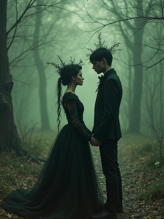 Surreal magical dystopia with a dark fairytale couple standing in a foggy setting. The couple is in black attire, holding hands and observing each other. Background is a misty forest. Style resembles autochrome and Ray Caesar.