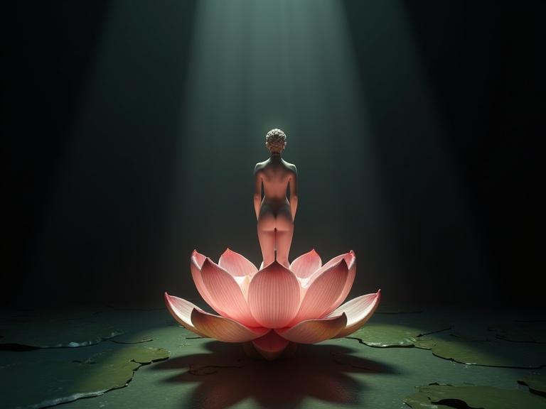 Wide shot with one-point perspective. Venus of Milo figure emerges from lotus flower. Dark showroom ambiance. Spotlight effects.