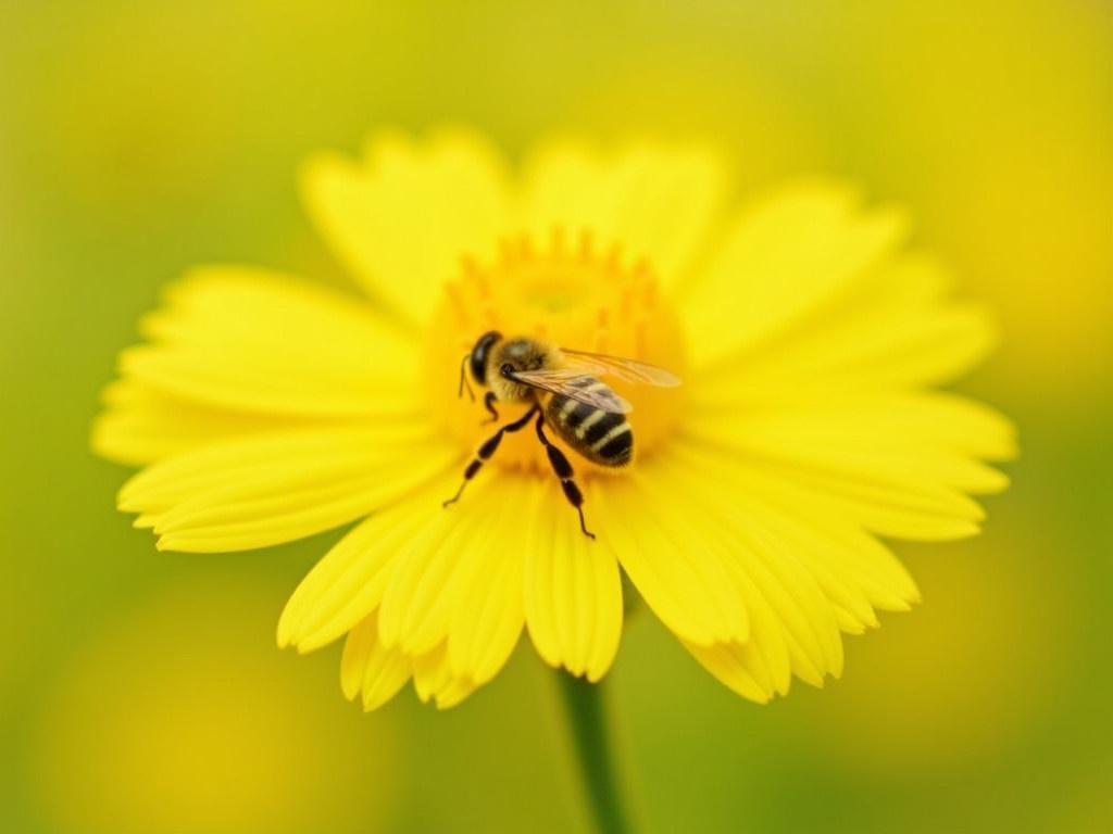 This image features a vibrant yellow flower with petals that seem delicate and inviting. A busy bee is perched on the center of the flower, collecting nectar. The background has a soft gradient of greens and yellows, providing a serene and peaceful atmosphere. The bee is detailed and shows its fuzzy body, emphasizing its role in pollination. The lighting enhances the bright colors of the flower and bee, making them stand out beautifully. Overall, it's a harmonious scene that showcases nature's beauty.