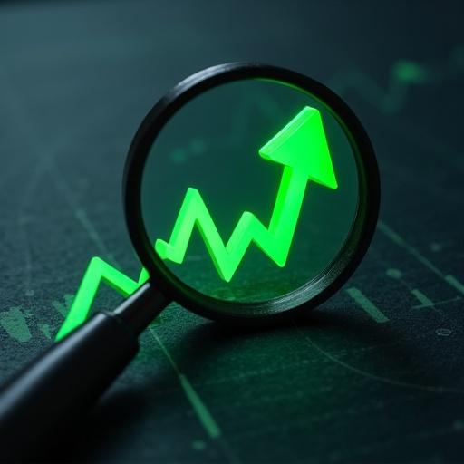 Close-up view of a magnifying glass enlarging a green arrow on a financial chart. Dark textured background with no human elements.