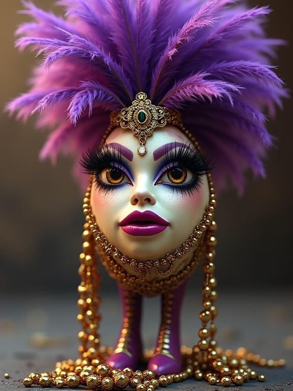 Digital representation of a female egg figure dressed for a Mardi Gras parade. The egg features long eyelashes, a feather headdress, and adorned with beads while wearing stiletto heels. The design is magnificent and glamorous.