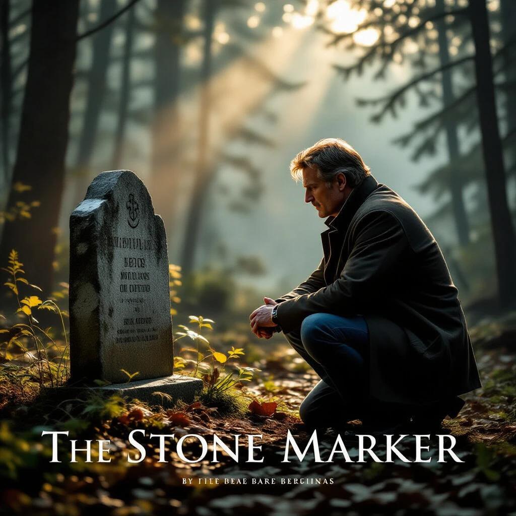 A retired detective kneels near a weathered memorial stone in a misty forest. The scene captures shadows and light during golden hour. The setting conveys an emotional tone related to a long-forgotten case.