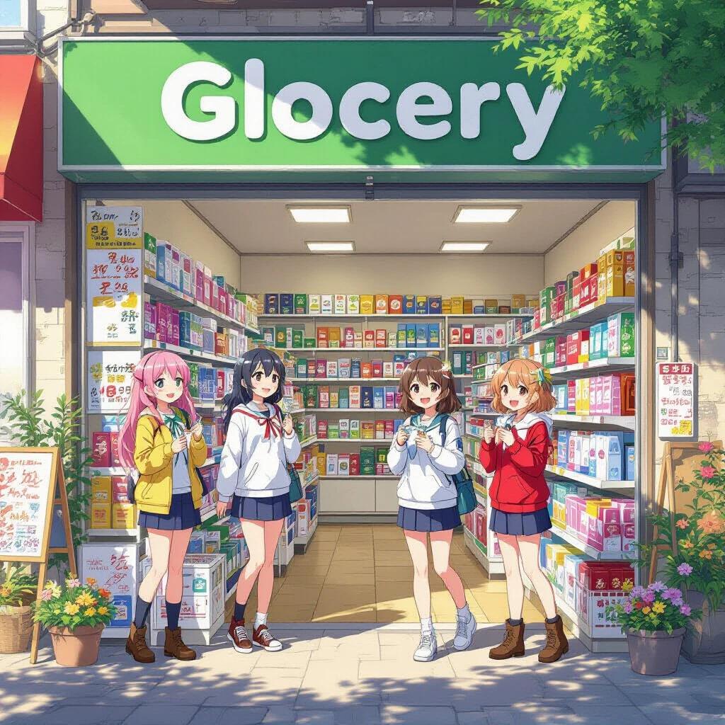 Anime grocery store with four girls. Characters showcase excitement and friendship. Store front with colorful products. Cheerful atmosphere.