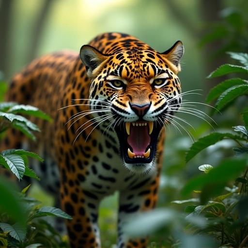 Image of a fierce jaguar baring its teeth. Jungle setting with lush greenery. High detail and dramatic lighting are visible. Snarling expression suggests readiness to pounce. Dappled sunlight through trees enhances the scene.
