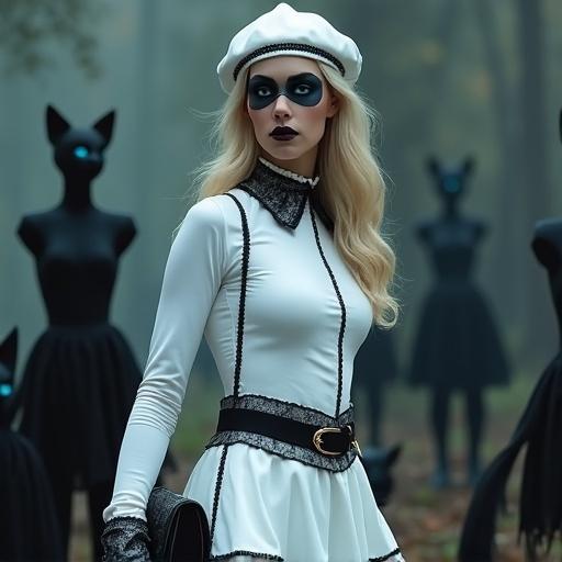 A blue-eyed blonde woman wears a long-sleeve white T-shirt with black collar and black rims. A white coned beret sits on her head. A Zorro black mask covers her eyes. She carries a small black handbag. Her outfit includes a white mini-kilt with black ribbons and black tights. A black tail adds to her appearance. She walks into a graveyard surrounded by blue-eyed black cats and female black mannequins.