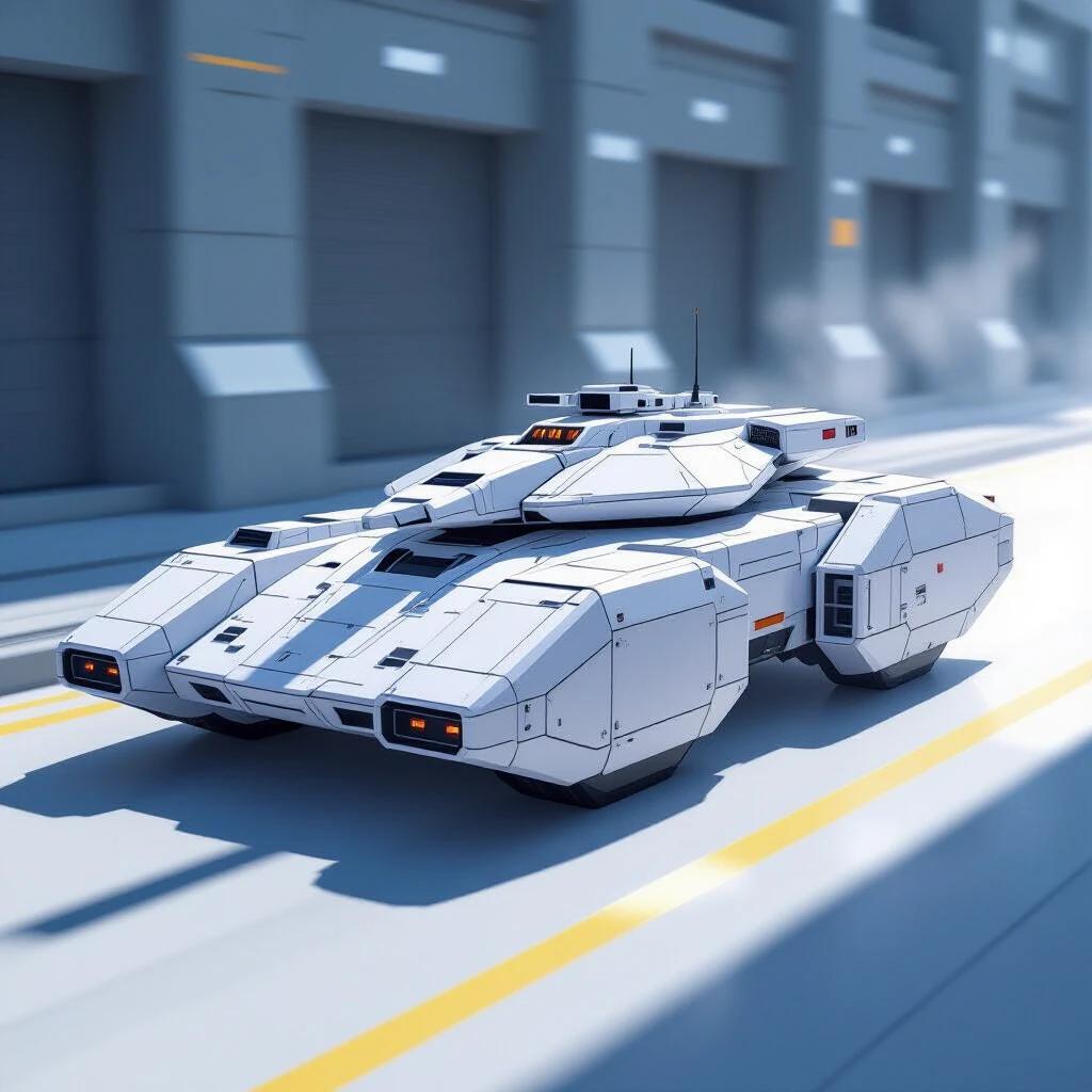 Sci-fi white blocky flat rectangle bevel huge hover battle tank depicted with detailed textures and realistic shadows