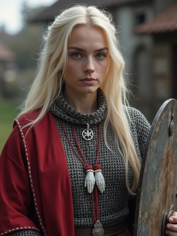 Photorealistic image of a young woman in medieval attire. She has long pale blonde hair and caring expression. Her skin shows scars and freckles. She wears shiny steel chainmail and a red tabard with white lining. A silver pendant with two hands tied together is around her neck. She holds a flanged mace and a shield. The setting is a medieval village with blurred background.