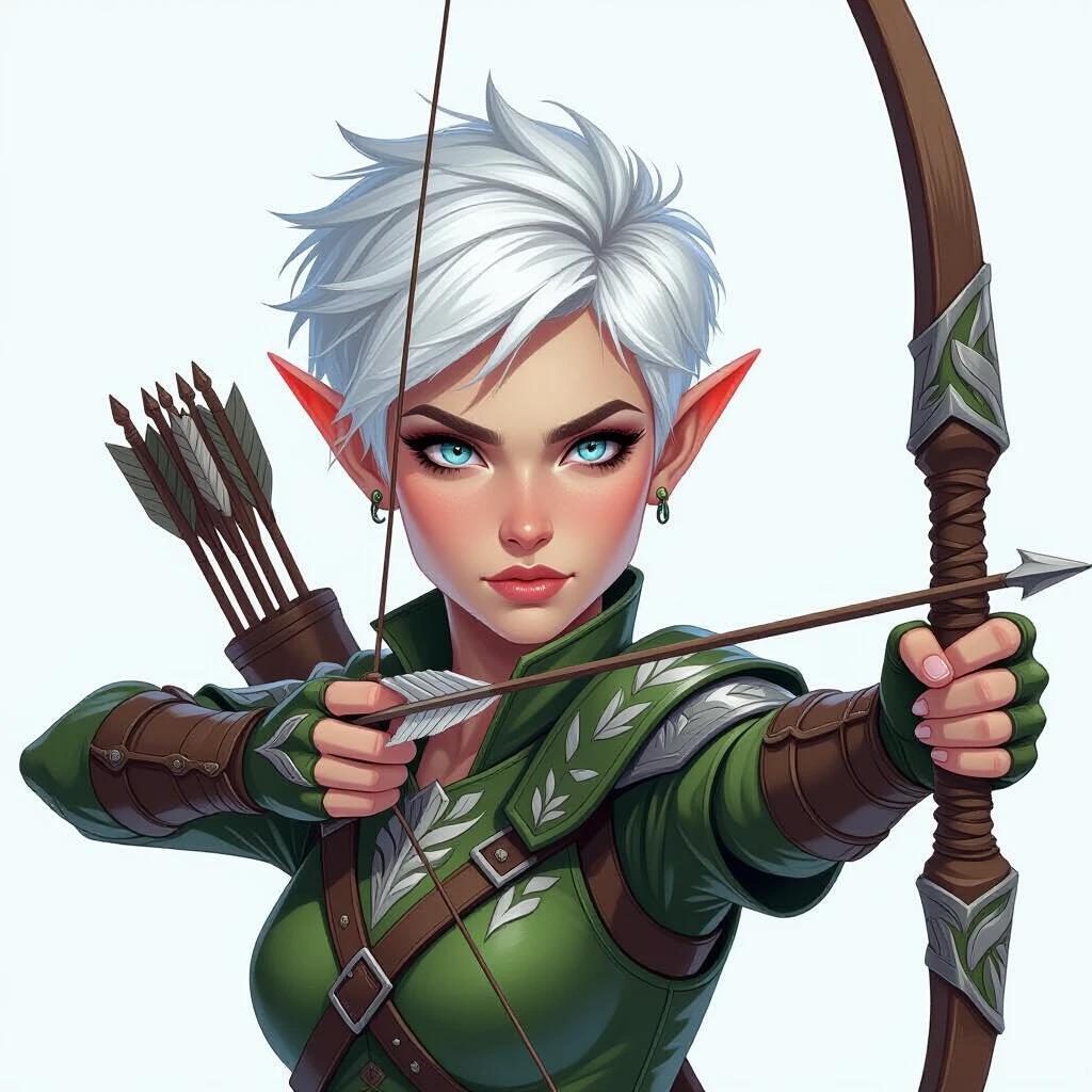 Intense focused expression. Pale moonlit skin. Short white pixie-cut hair. Spiked texture. Piercing ice-blue eyes. Sharply pointed ears. Angular elven features. Dark green leather armor. Silver leaf motifs. Quiver visible over shoulder. Medium close-up shot. Dynamic 3/4 angle. Bow grip. Detailed graphic design style. Cartoonish comic. Exaggerated proportions. High contrast shading. Bold saturated colors. Crisp linework. Painterly highlights. White background.