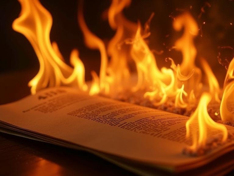 A photograph of a document surrounded by flames, focusing on details. The flames create dramatic contrast with the paper. A sense of urgency and movement is captured. Aspect ratio 16:9.