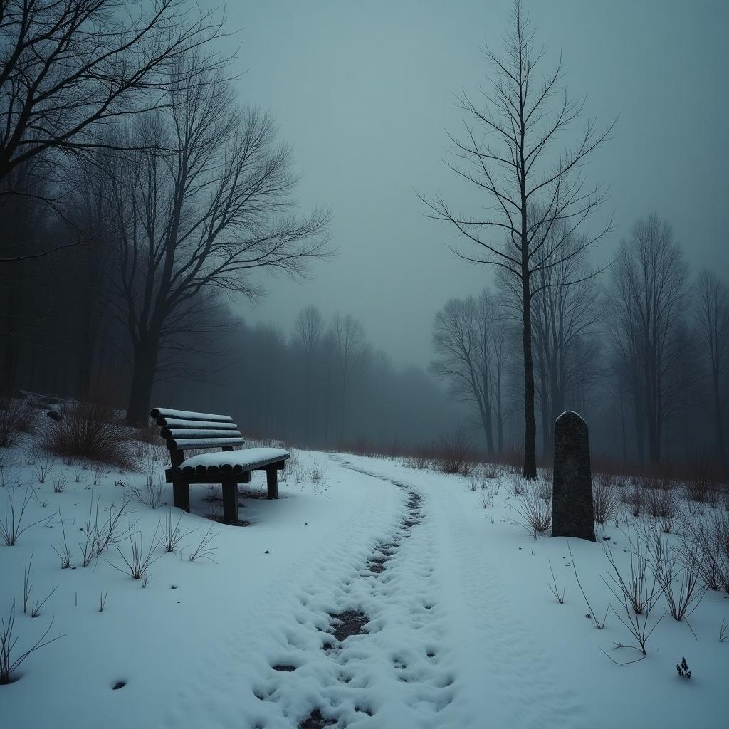 Dark winter landscape showcasing solitude and serenity. Pristine snow covers the ground under a dim sky. Bare trees with twisted branches stand against the backdrop. A narrow path leads to an old wooden bench and a stone marker. The scene feels silent, enhanced by a cold wind. The color palette features deep grays, soft whites, and shadowy blues, creating an introspective atmosphere.