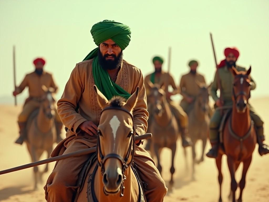 The image captures a Rajput king riding a horse in a desert landscape, wearing an elegant green turban and expressing anger. He is the central figure, showcasing determination and authority. Behind him, five soldiers on horseback follow, each in distinct attire, holding swords defensively. The desert sands swirl around them as they ride swiftly ahead. Their expressions match the king's intensity, all looking forward with focus and urgency. This scene encapsulates the spirit of Rajput valor and heritage.