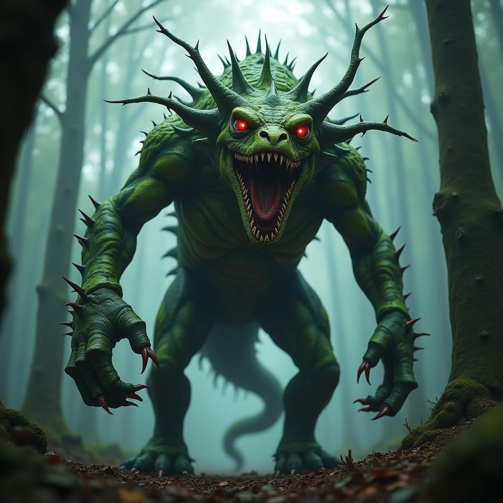 A tall green monster with spikes and glowing red eyes stands in a dark, misty forest. The creature looks menacing and powerful. It has an exaggerated, muscular form with intricate details and a fierce expression. The background is filled with fog and shadowy trees.