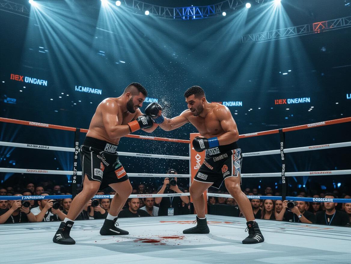 Two fighters battling in a ring surrounded by spectators and bright lights in a closed venue