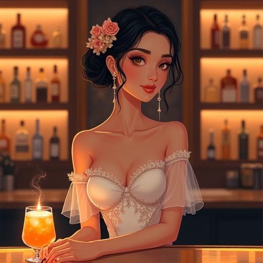 A beautiful woman stands at a stylish bar wearing a white off-shoulder dress. The dress has delicate floral patterns and sheer sleeves. Her hair is styled in an elegant updo with flowers. She wears long earrings. The bar holds an orange-colored drink in front of her. The background has softly lit shelves with various bottles of alcohol. The atmosphere is cozy yet sophisticated. The image is a digital painting with soft lighting, emphasizing warmth and elegance.