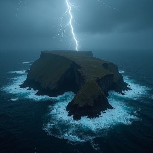 Aerial photo of a rugged island in a stormy ocean. Dark waves crash against sharp cliffs. Lightning strikes illuminate the dark sky. Creates an intense and powerful mood.