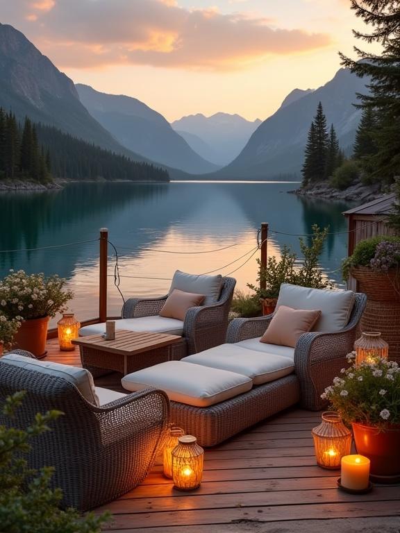 Serene lakeside view with rustic outdoor setting features wicker chairs and lanterns on a wooden deck. The sunset casts warm colors over the scene reflecting in the calm water. Mountain ranges frame the backdrop.