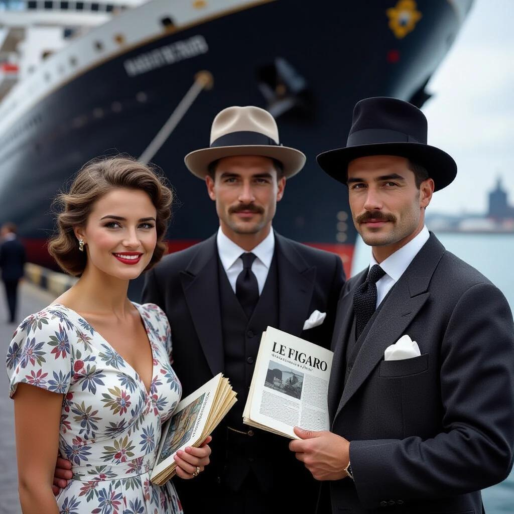 Archive photograph of three individuals on the deck of the SS Île de France. Group portrays vintage attire. Woman wears a floral patterned dress. Men in suits hold a newspaper. Background features a ship with Art Deco elements. Ocean waves and horizon present. Taken with Hasselblad H6D camera at high resolution.