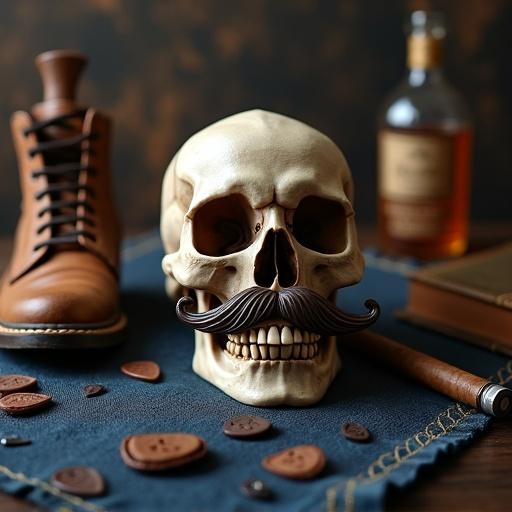 Sharp image illustrating a rockstar dad theme for Father's Day. A stylized skull with a vintage mustache is adorned with a leather jacket placed on a dark wooden surface. Surrounded by a leather-bound book and whiskey glass creating a sophisticated vibe. Warm ambient lighting enhances the overall aesthetic suitable for Father's Day.