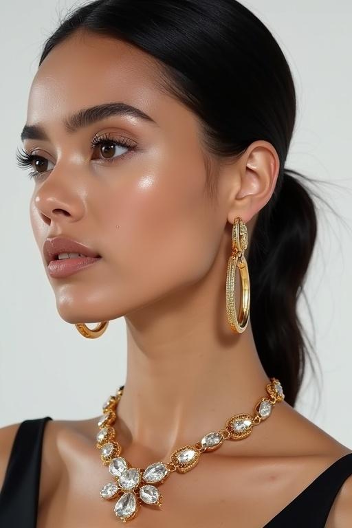 Promotional image for a jewelry brand. Stylish woman with sleek black hair. Bold gold hoop earrings. Statement necklace. Clean minimalist background. Sharp modern lighting. Brand name overlay in elegant font.