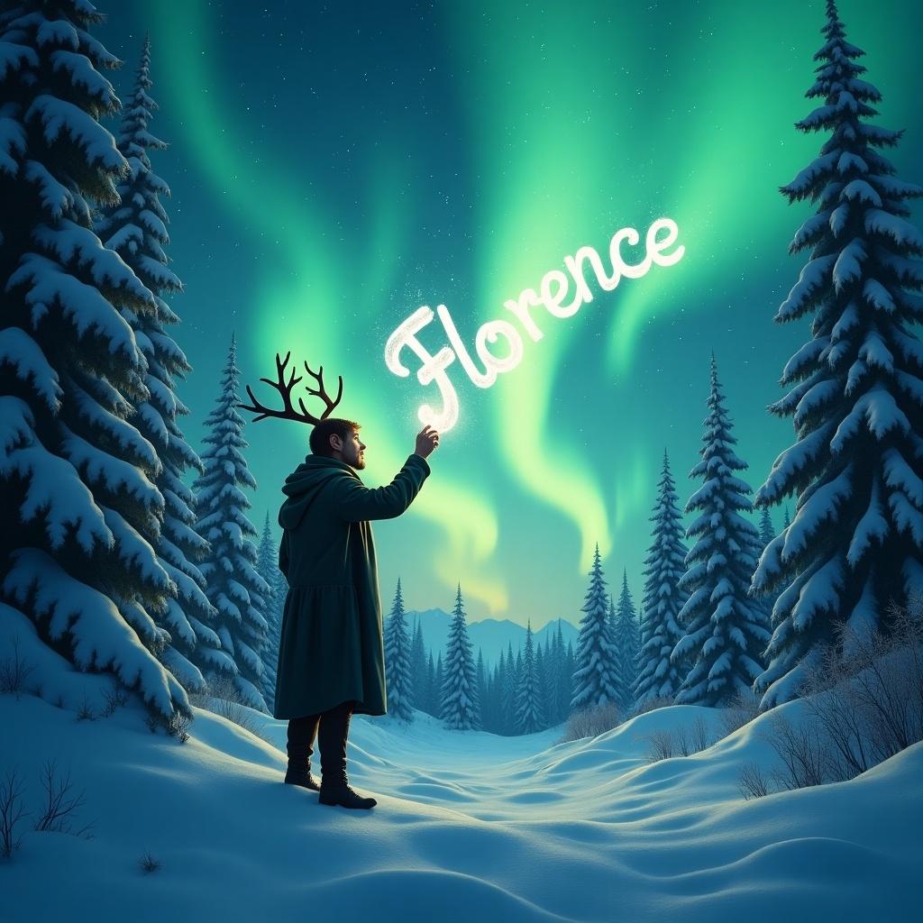 A mystical scene depicts an elf standing in a snow-covered forest. The vibrant northern lights illuminate the sky in shades of green and blue. The elf, adorned with antlers, gazes in awe at the spectacle above. Snow-laden trees surround him, creating a serene winter wonderland. Using a magic wand, the elf elegantly writes the name 'Florence' in the air, enhancing the magical atmosphere.