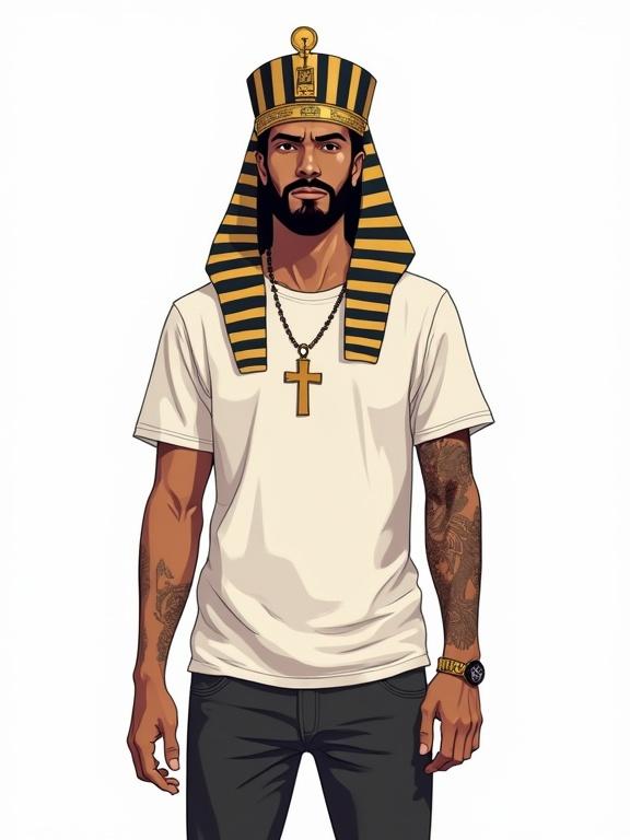Male figure in modern streetwear with a pharaonic Nemes headdress and Coptic cross necklace. Stands against a white background. Emphasis on the fusion of history and the present in a clean illustration style.