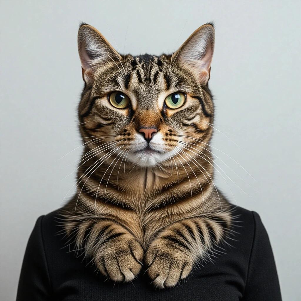 A cat with a man's body and a cat's head. Striking, humorous portrayal of a cat in a human pose. Illusion of a hybrid character.