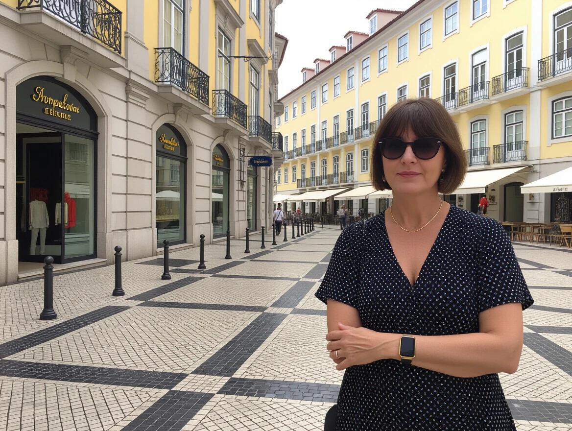 A woman stands confidently on a busy street in Lisbon. Stores with yellow facades line the street. Cobblestone patterns add charm. The atmosphere reflects a vibrant shopping district.