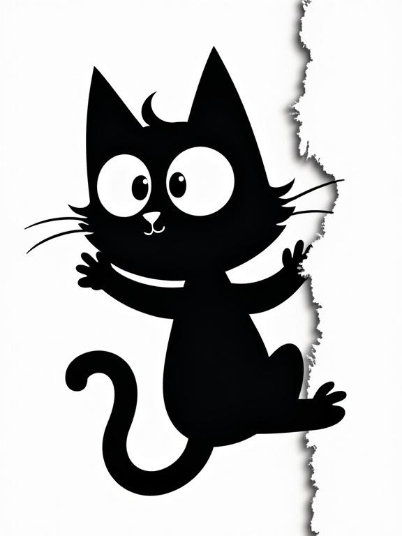 Black silhouette of a cartoon-style cat hanging onto a torn paper edge. Cat has large expressive eyes and a curved tail. No background and transparent PNG. Clean graphic design.