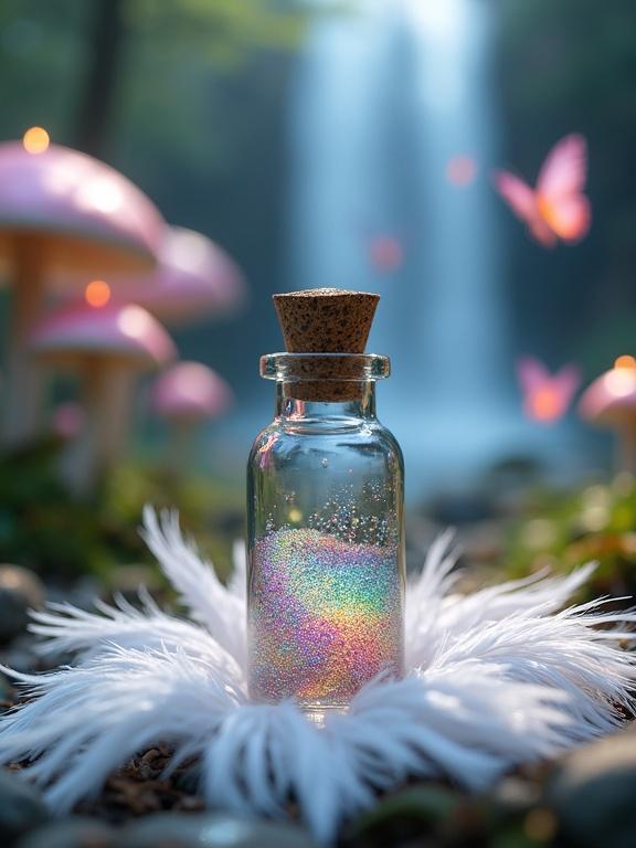 Small vial with ornate silver cap contains bubbling rainbow glitter. Set in enchanted forest clearing with giant luminescent mushrooms and transparent-winged butterflies. Iridescent light cascades around.
