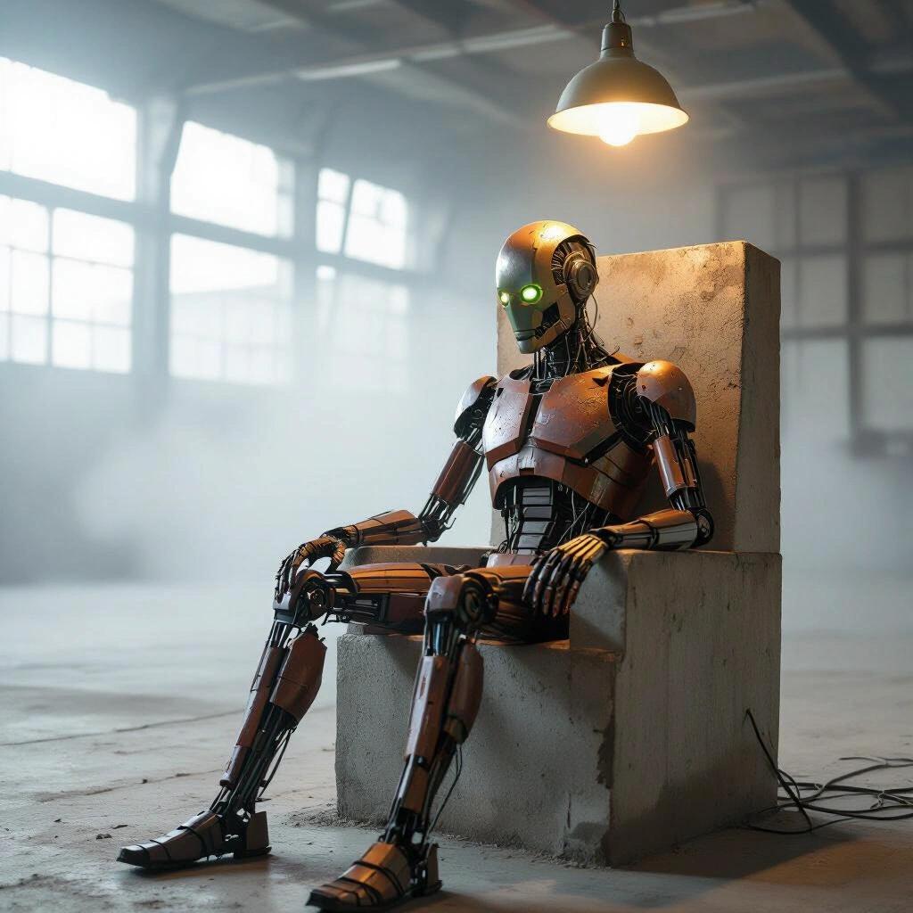 Humanoid figure made of rusted metal and wires slouched on concrete throne in fog-filled warehouse with single overhead bulb