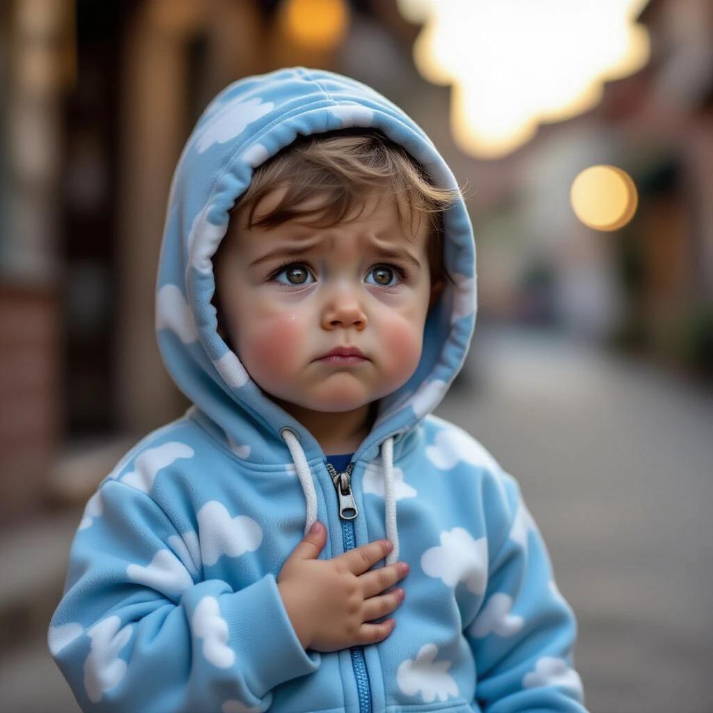 A 1-year-old baby boy stands in a village street. He wears a sky-blue hoodie with cloud patterns. His eyes are wide open in shock. His mouth is slightly parted. The brows are lowered with sadness. One hand is clenched near his chest. A soft tear is forming in one eye. The background shows a dim village street with a warm glow from a bakery. The lighting is soft and golden. The composition is cinematic with a shallow depth of field.