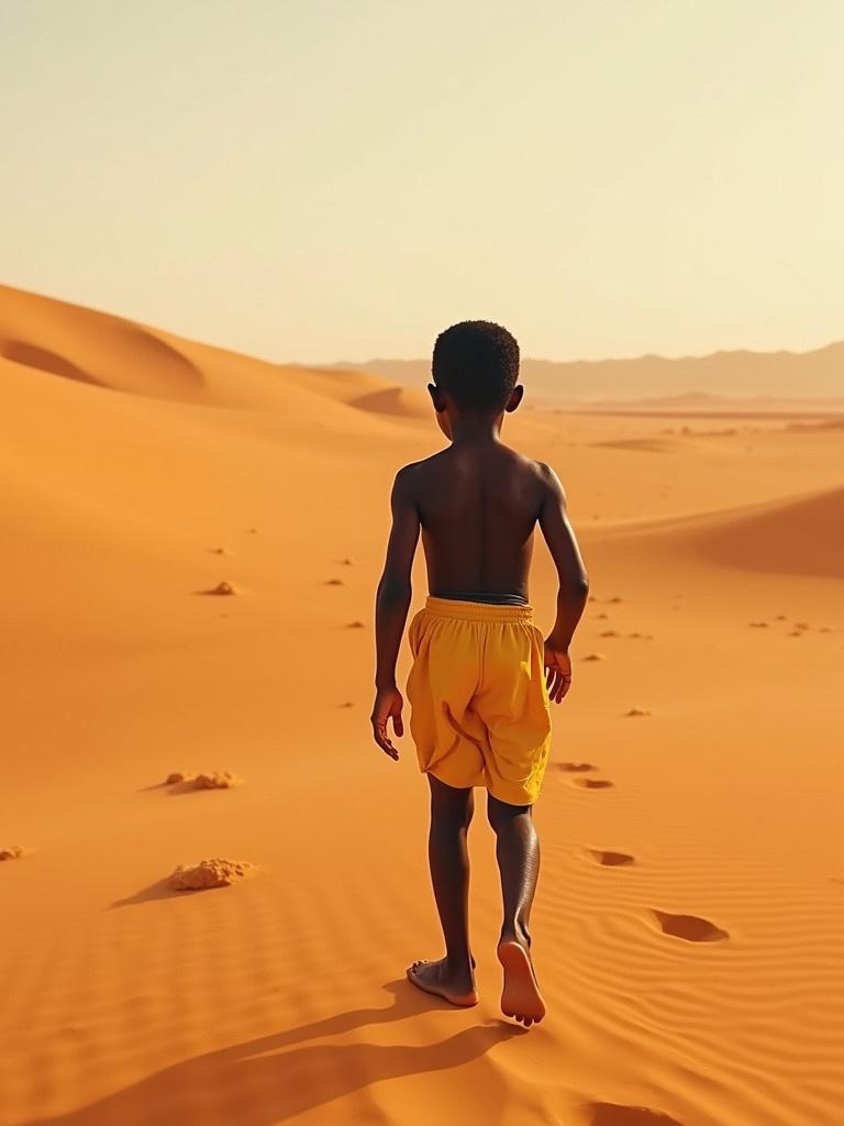 A child walks peacefully in a vast desert. Brown dunes stretch far in the background. The boy wears yellow shorts and bare feet. Sunlight shines down creating warmth. The scene evokes feelings of adventure and exploration.