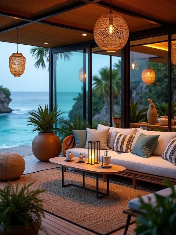 Stylish tranquil coastal lounge setting part of a luxury seaside villa during dusk. Ambience created by soft warm lights. Indoor-outdoor space shows a view of a cove and turquoise sea. Comfortable rattan sofa with white cushions and decorative throw pillows. Round coffee table with lanterns and ceramic sculpture. Natural woven pouf for seating. Bohemian rug with earthy tones. Pendant lighting of woven rattan. Various potted tropical plants with terracotta and woven baskets. Glass walls by a wood deck show a serene sea and rocky cliffs.