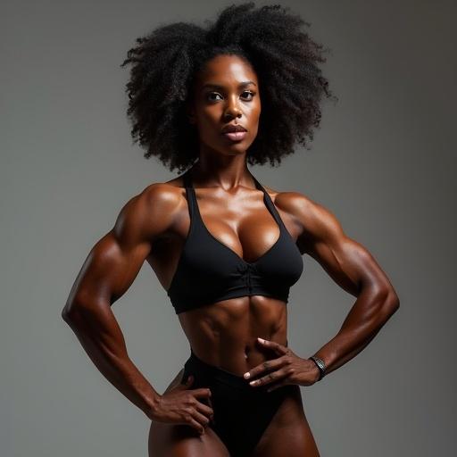 Elite Black female athlete with impressive musculature. Showcases powerful muscular build with defined biceps and other muscle groups. Confident and determined expression. Dark skin with slight natural shine. Hair in an athletic style. Wearing high-performance sportswear. Set in a professional studio with dark neutral background. Pose emphasizes arm and torso musculature. Dramatic directional lighting highlights muscle contours. Photorealistic cinematic style.