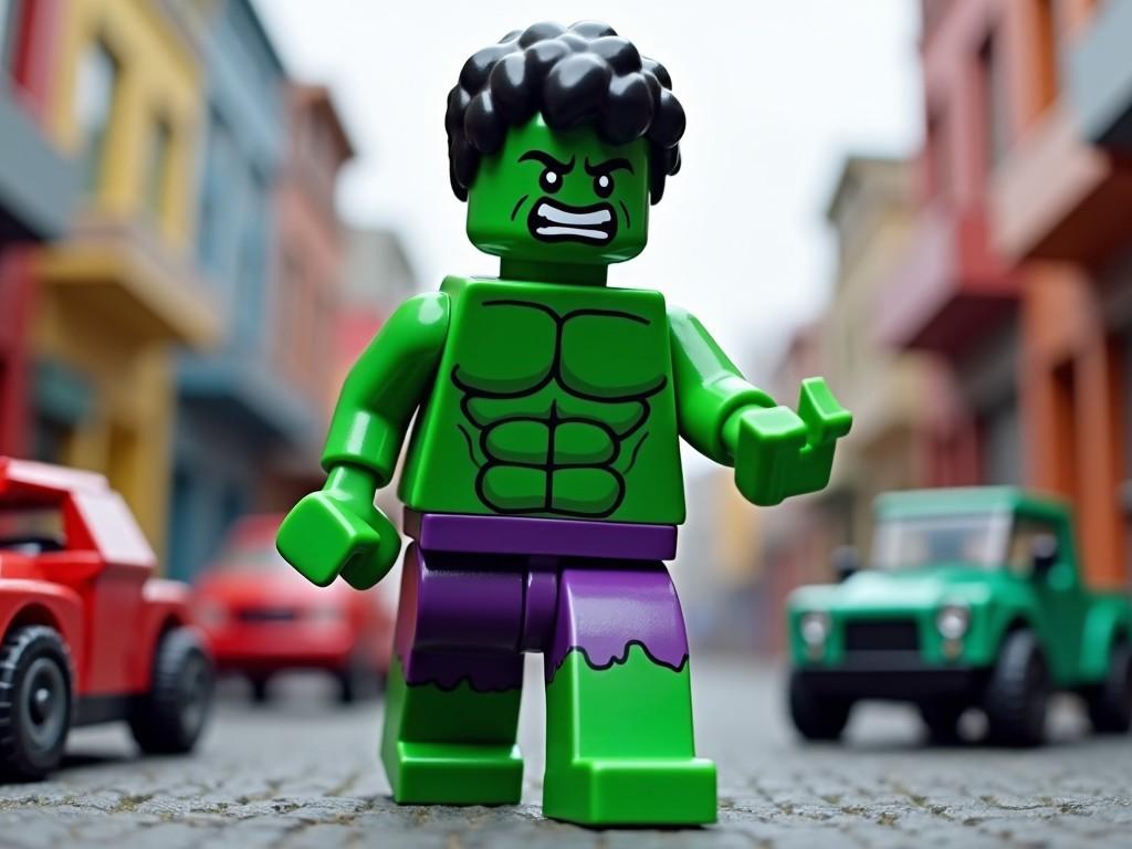 A LEGO-style depiction of a superhero figure standing in a colorful urban setting, displaying a strong posture and vibrant colors, photographed at street level.