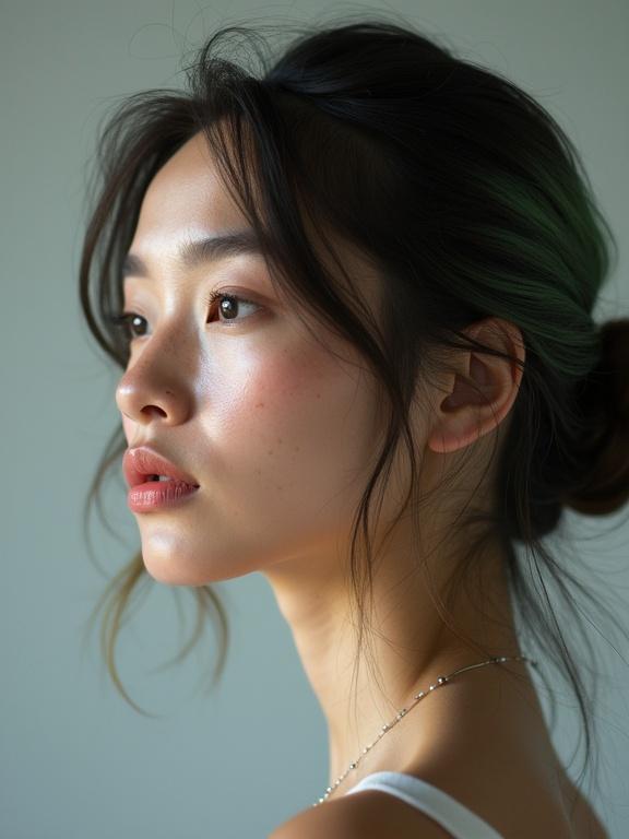 Photorealistic profile portrait of a young woman with soft oval face in perfect side view. Relaxed expression looking straight ahead. Highlights nose bridge and lips with a visible ear. Dense freckles along cheek contour. Sculpted jawline and smooth fair skin with natural glow. Tousled shoulder-length hair swept slightly back with dip-dyed ashy-green tips catching subtle light. Clean gray background and shallow depth of field.