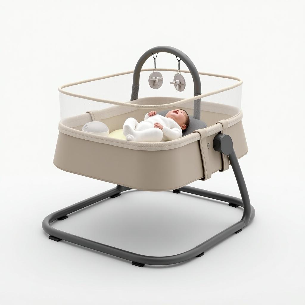 The image features a modern newborn travel cot that doubles as a bouncer, designed with both functionality and aesthetics in mind. The cot is set in neutral tones to blend seamlessly with any nursery environment. This cot prioritizes the safety and comfort of the newborn, offering a secure space for sleep and exploration. The elevated design includes engaging features for visual development, ensuring stimulation for the baby. The overall look is fashionable and sleek, suitable for contemporary parents seeking quality and style.