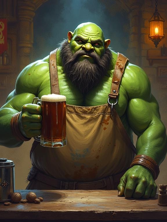 A friendly ogre in a dirty tavern. The ogre has green skin and a braided beard. He stands behind the bar holding a wooden mug of ale. His apron is grimy with stains. The bar is wooden and cluttered. Background features watercolor splashes. The atmosphere has a heroic epic vibe. Art is semirealistic with thick outlines.