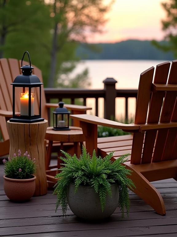 Cozy outdoor deck setting featuring Adirondack chairs. Backdrop includes a scenic lake at sunset. Lanterns placed on a tree stump and between chairs. Potted plants enhance the atmosphere. Warm golden light from candles. A tranquil and inviting scene with a natural vibe.